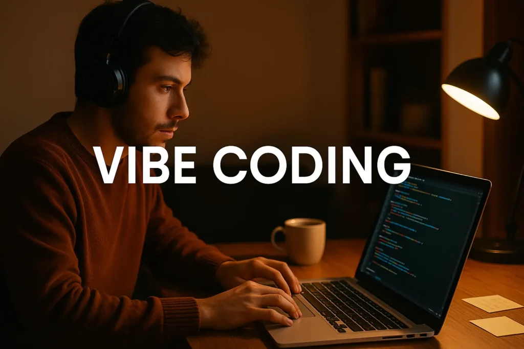 Person coding with headphones on, laptop open, surrounded by warm ambient lighting — representing intuitive, creative "vibe coding.