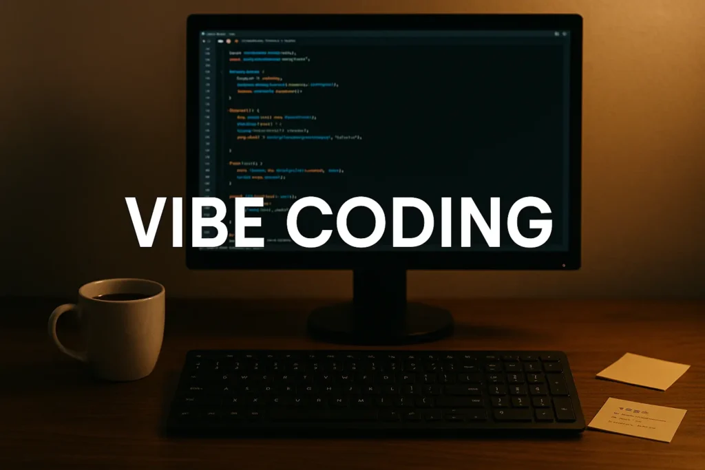 Colorful computer screen with lines of code, coffee cup beside keyboard, illustrating casual and flow-driven programming style.