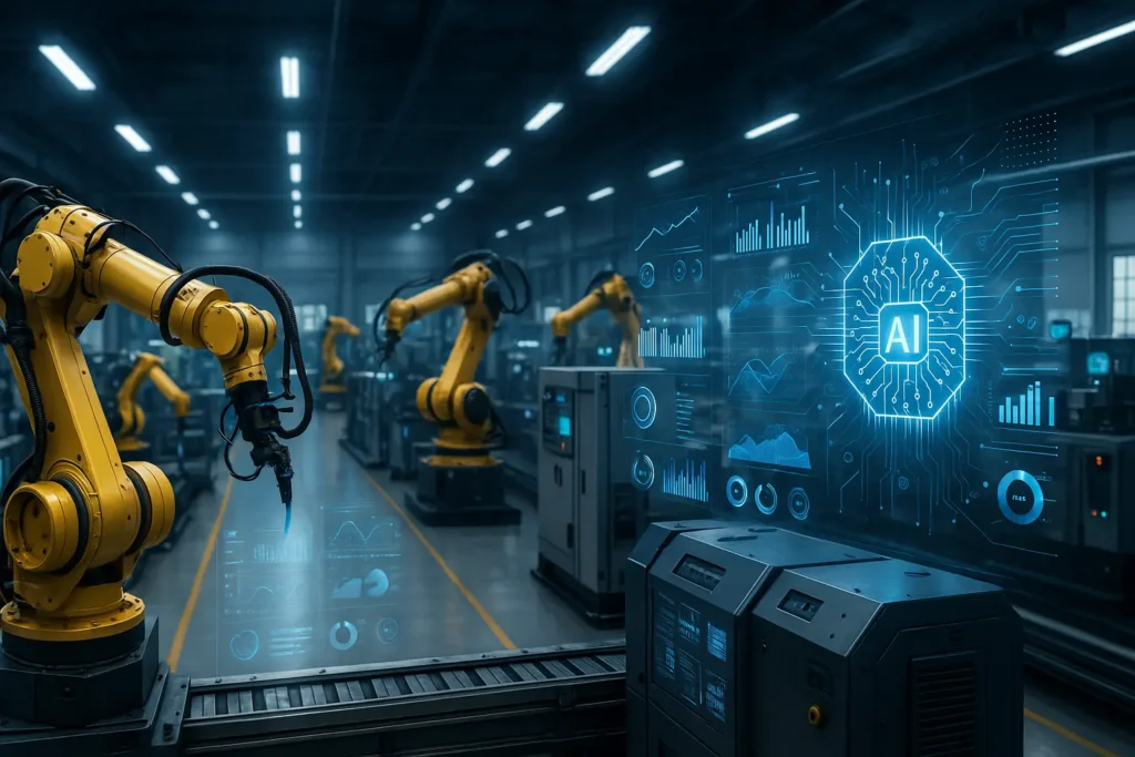 Industrial automation scene featuring yellow robotic arms and digital AI analytics visualizations in a high-tech factory.