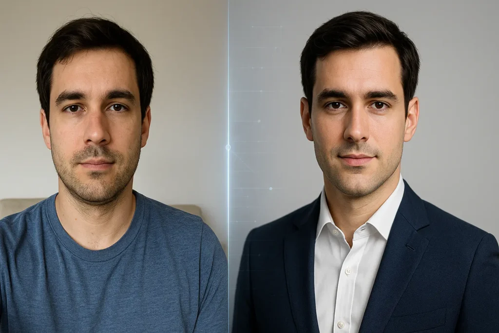 Side-by-side comparison of a casual selfie and an AI-generated professional headshot