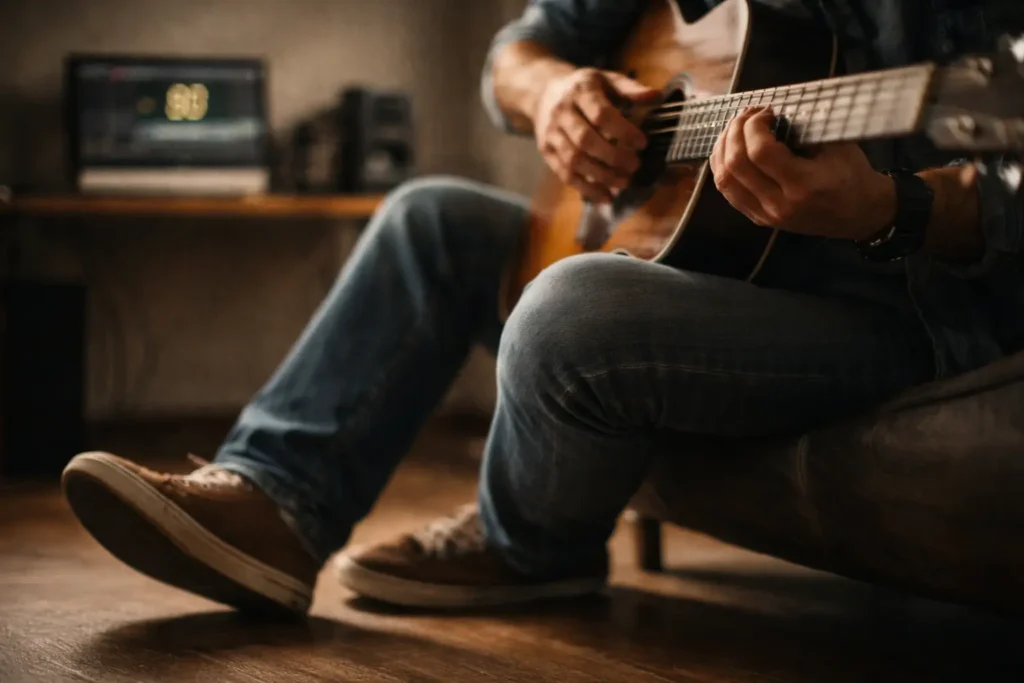 Close-up of foot tapping and hands practicing rhythm technique on guitar