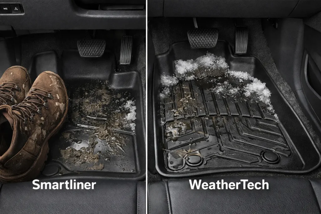 Smartliner vs WeatherTech floor mats tested with mud, melting snow, and water inside a modern SUV interior
