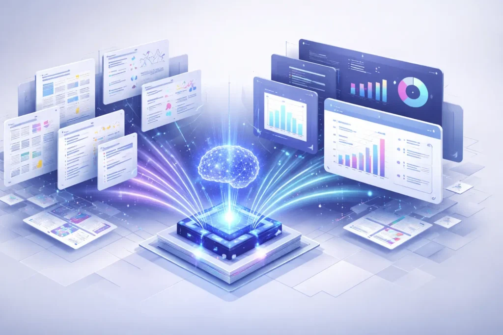 AI aggregates organizing fragmented data sources into structured insights using artificial intelligence
