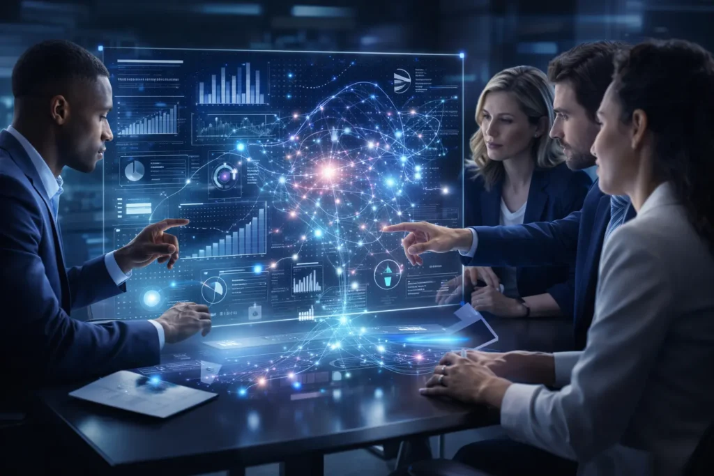 Diverse business team collaboratively reviewing an AI-powered holographic dashboard, demonstrating AI3 technology in action