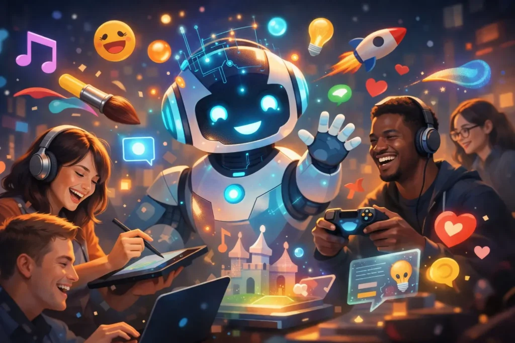 “Playful illustration of people interacting with a friendly AI character surrounded by creative digital icons, representing AI fun and creativity.”