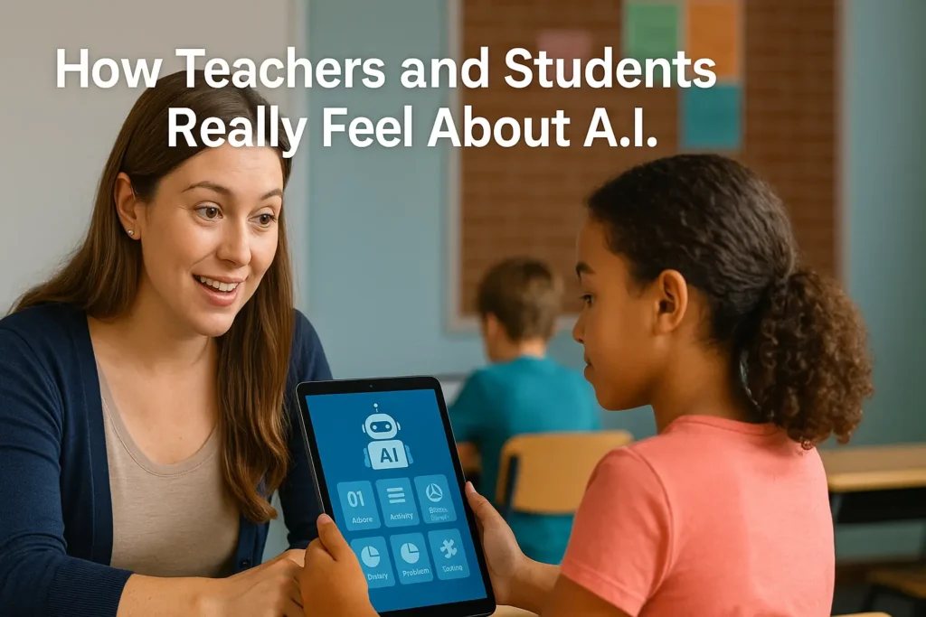 Group of students using laptops with A.I. learning apps during a classroom activity.