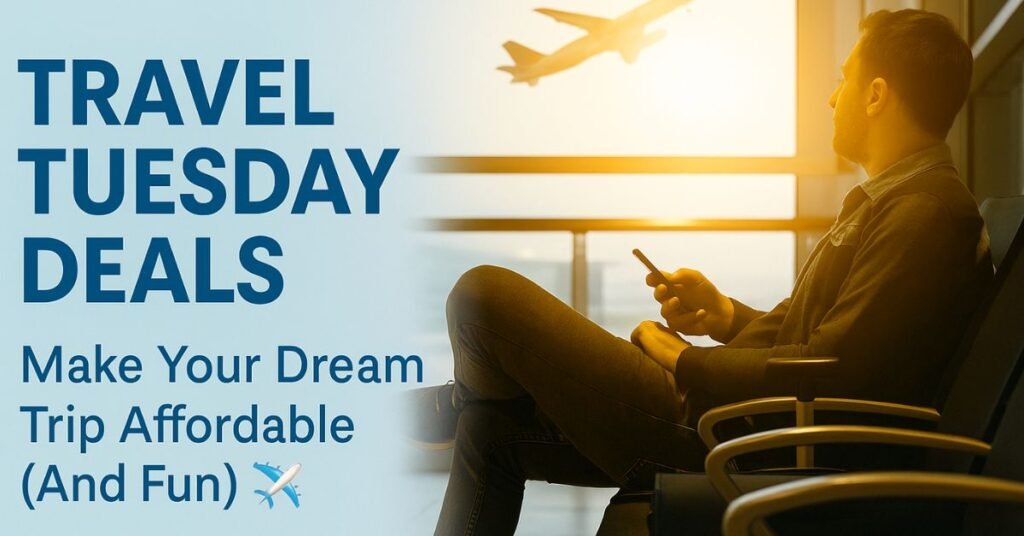“Man sitting in an airport lounge at sunset, holding a phone while watching a plane take off, with bold text on the left reading ‘Travel Tuesday Deals – Make Your Dream Trip Affordable (And Fun).’ ”