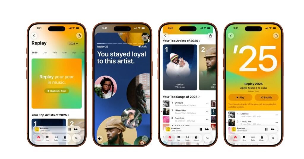 “Four iPhones displaying different Apple Music Replay 2025 screens, including the Highlight Reel, loyalty stats, top artists, top songs, and the Replay 2025 playlist, all shown in colorful gradient interfaces.”