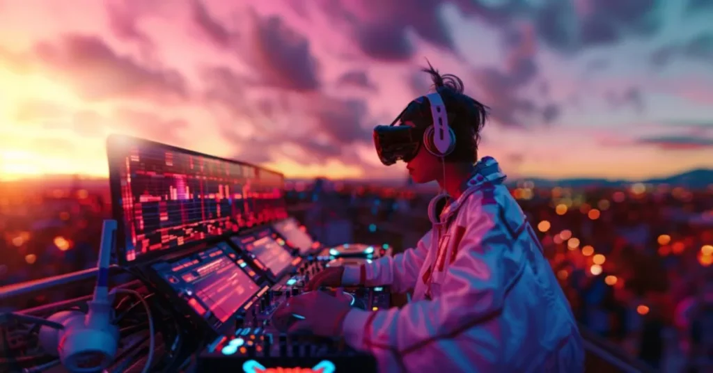 AI-powered music generation system showing neural networks, sound waves, and ethical concerns