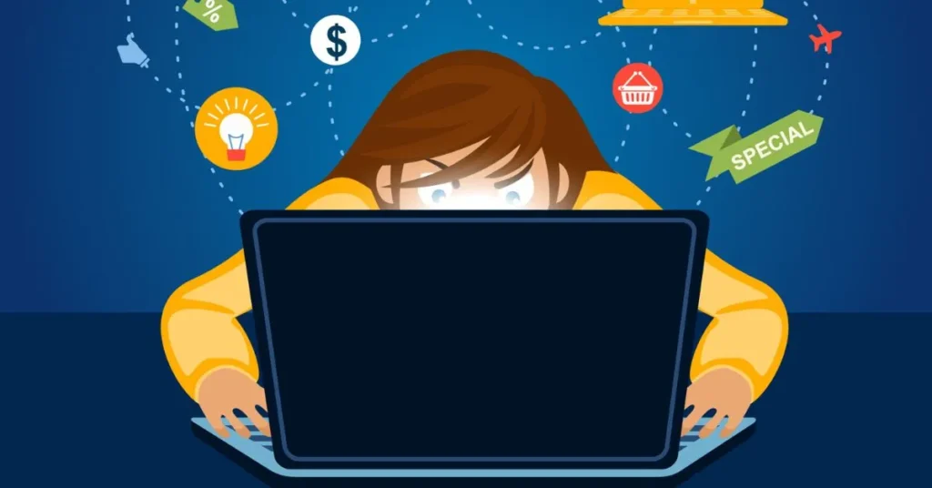 Modern tech crunchies illustration with a person using a laptop and colorful snack-like tech icons representing simple digital tools.