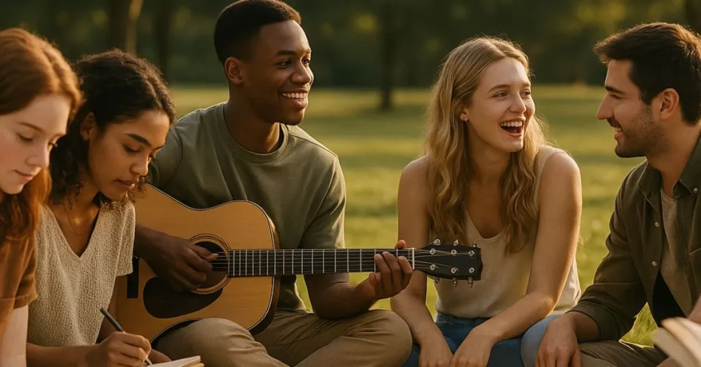 Gen Z friends enjoying tech-free activities outdoors by reading books, journaling, playing guitar, and talking together at a picnic