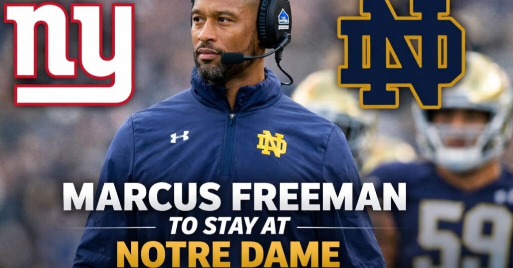 Marcus Freeman on the Notre Dame sideline wearing a headset as reports confirm he will remain head coach and decline NFL interest.