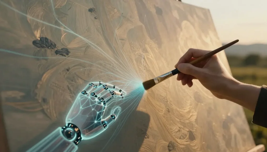 Human artist and AI neural network hand collaboratively creating digital artwork, symbolizing the art of artificial intelligence and human-machine creativity.