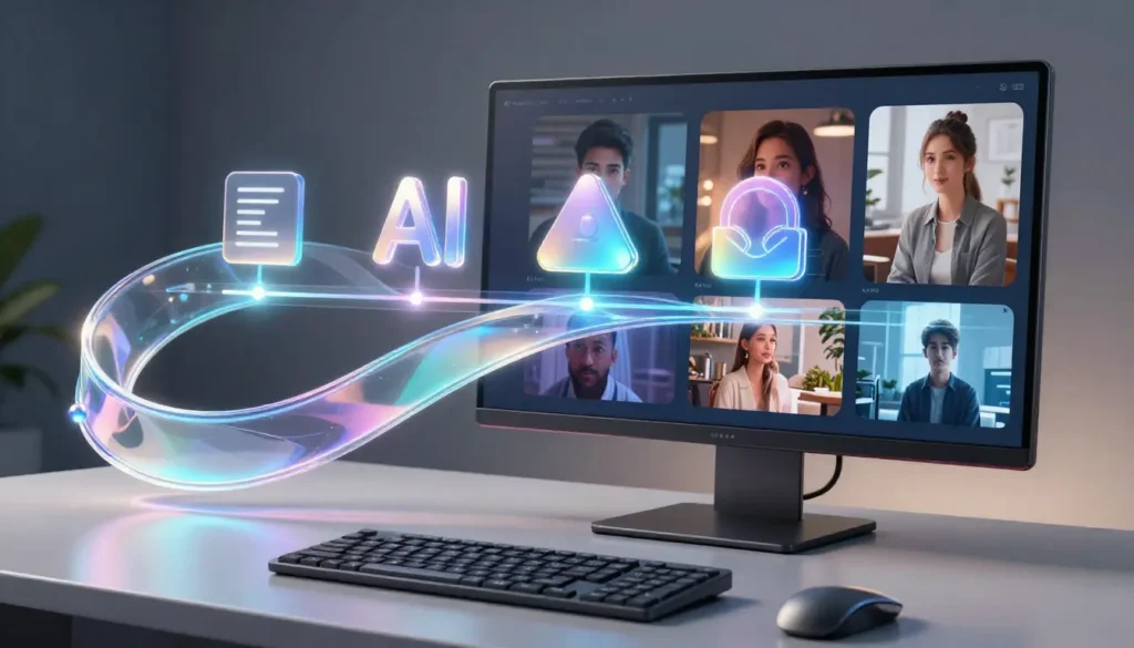 "Computer screen displaying AI-generated avatars and video timelines, illustrating modern AI video generation technology."