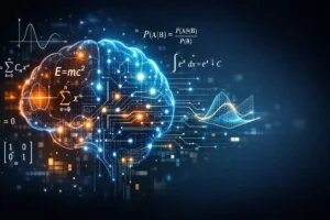 Math AI visualization showing artificial intelligence solving mathematical equations with neural networks and glowing formulas.