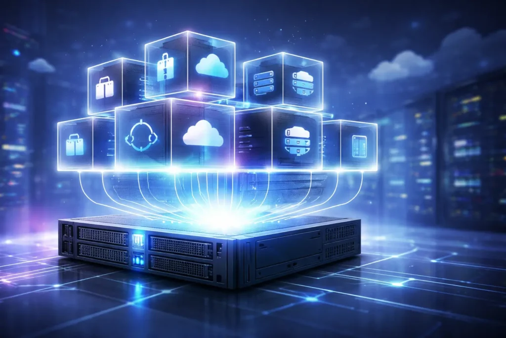 Virtualization technology illustration showing multiple virtual machines running on a single physical server in a modern data center environment