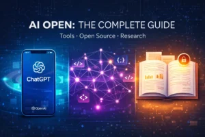 AI open guide illustration showing ChatGPT tools, open-source AI networks, and open-access research publications in a three-panel layout.
