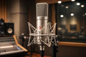 Neumann U 87 AI large-diaphragm condenser microphone mounted in a professional recording studio with warm cinematic lighting