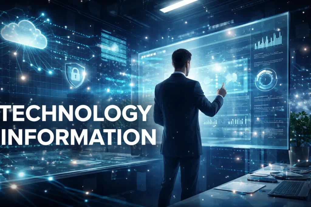 Modern illustration showing technology information through digital dashboards, data networks, cloud computing icons, and AI-driven information flow in a futuristic workspace.