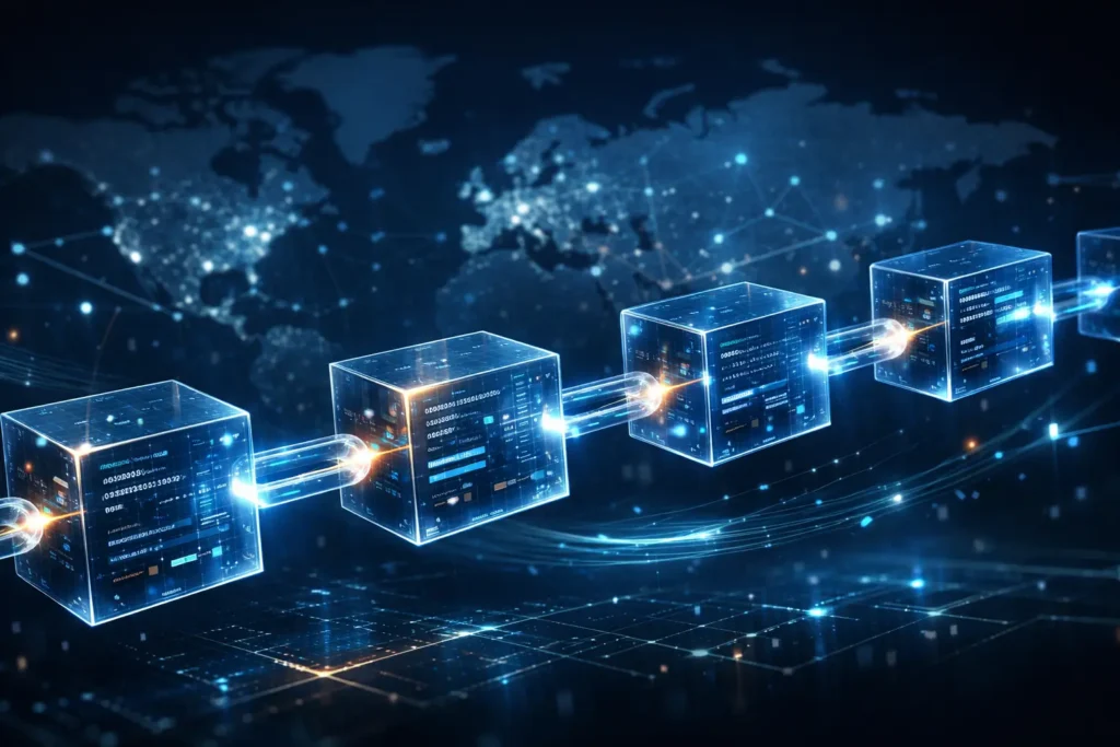 Block chaining technology illustration showing connected digital blocks forming a secure blockchain network over a global data grid