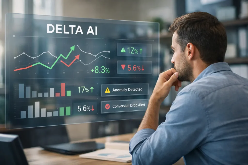 Delta AI dashboard displaying real-time data changes and anomaly alerts analyzed by a business professional in a modern office.