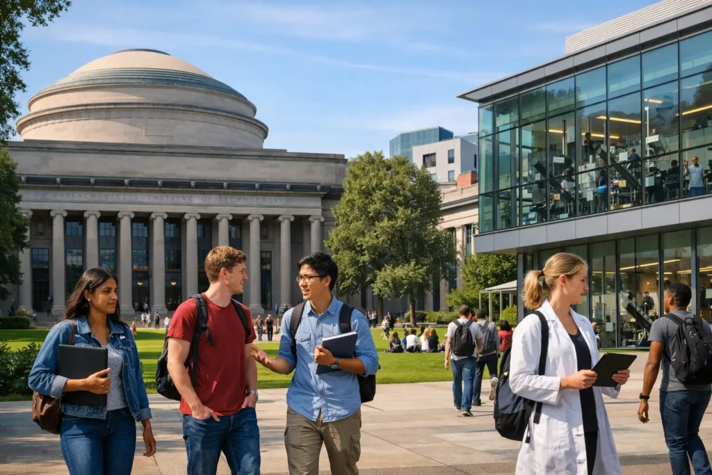 Students and researchers walking across the Institute Technology Massachusetts campus with historic dome and modern research buildings in Cambridge