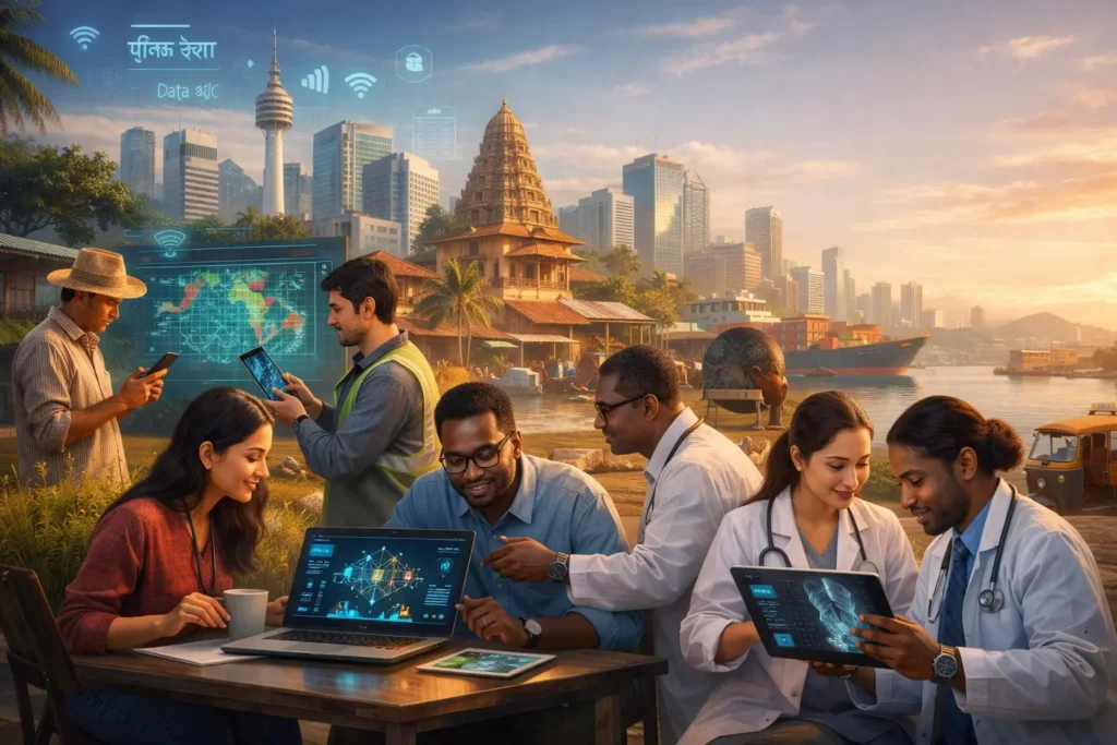 South AI innovation across the Global South showing engineers, farmers, doctors, and businesses using practical artificial intelligence solutions