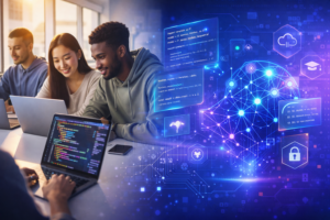Modern technology education blog hero image showing diverse college students collaborating on laptops in a bright computer lab, with holographic code snippets, AI neural network visuals, and cloud technology icons in blue and purple tones.