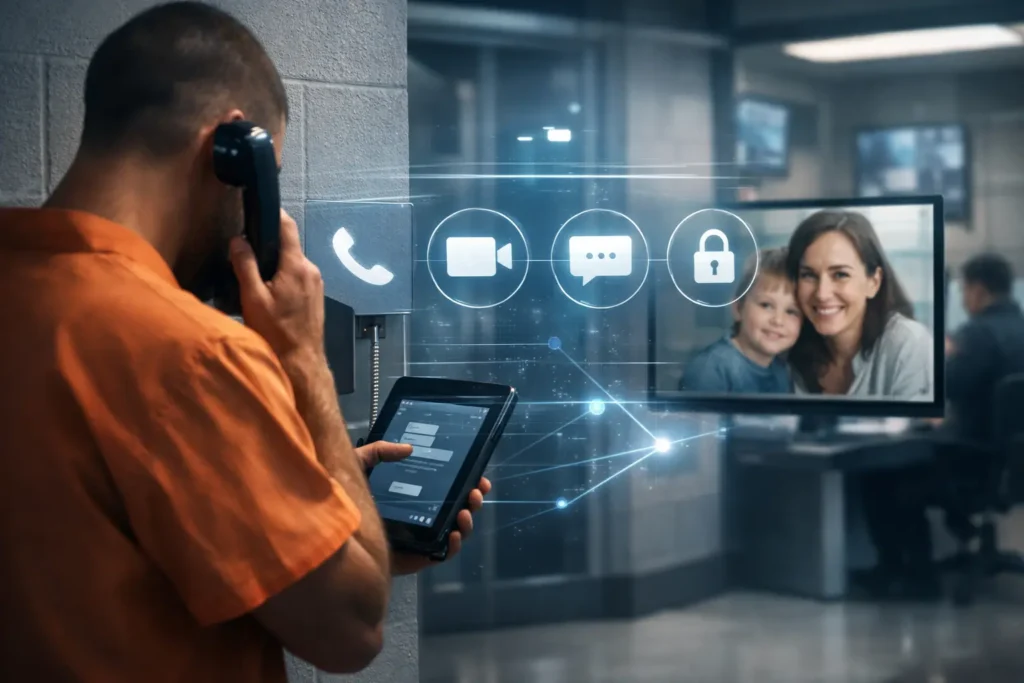 Secure prison communication technology showing an inmate using a phone and tablet connected to monitored digital systems.