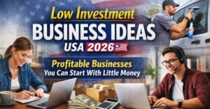 Low investment business ideas USA 2026 featuring home-based entrepreneurs, online freelancing, local service work, and small business opportunities