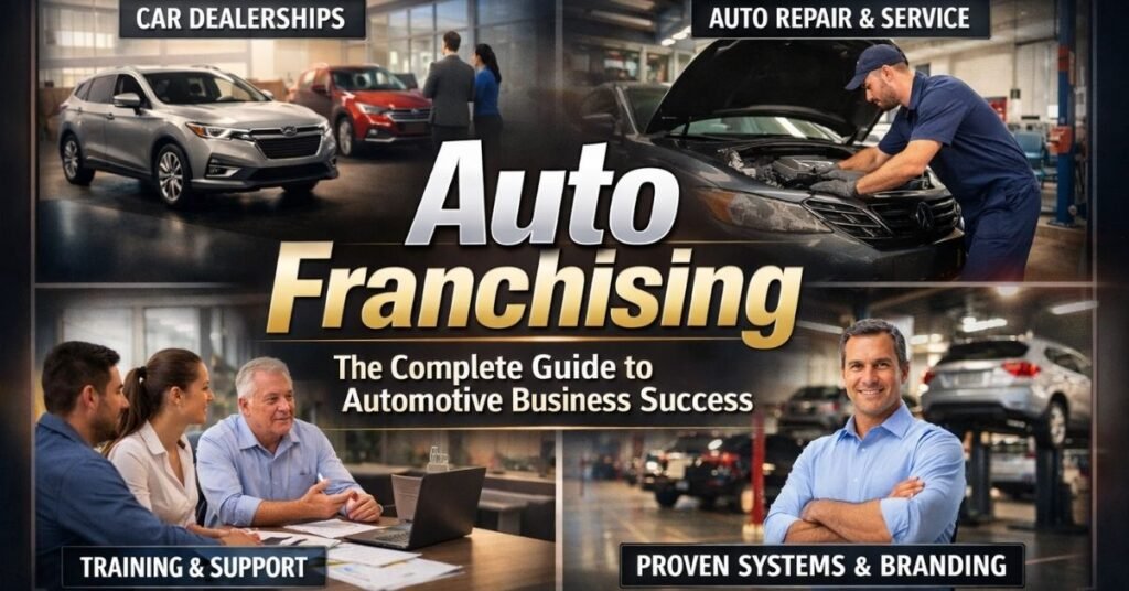 “Auto franchising overview showing car dealership, auto repair service, training support, and proven automotive franchise systems.”