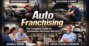 “Auto franchising overview showing car dealership, auto repair service, training support, and proven automotive franchise systems.”