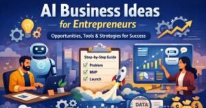 AI business ideas for entrepreneurs illustrated with AI tools, startup workflows, analytics dashboards, and automation concepts in a modern tech scene