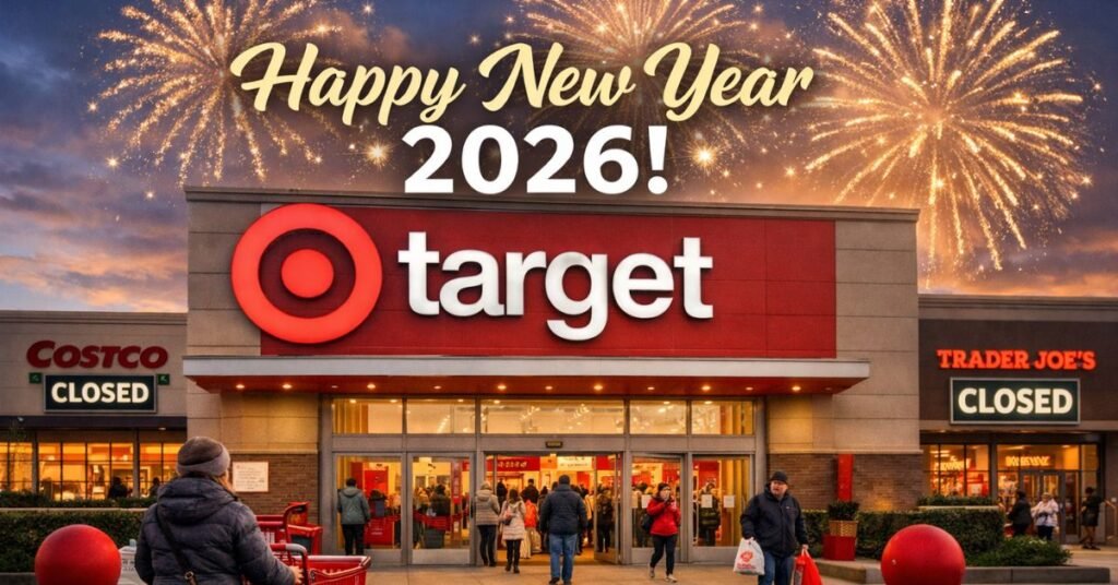 Shoppers enter and exit a Target store on New Year’s Day 2026 as fireworks light the sky, while nearby Costco and Trader Joe’s locations display closed signs.