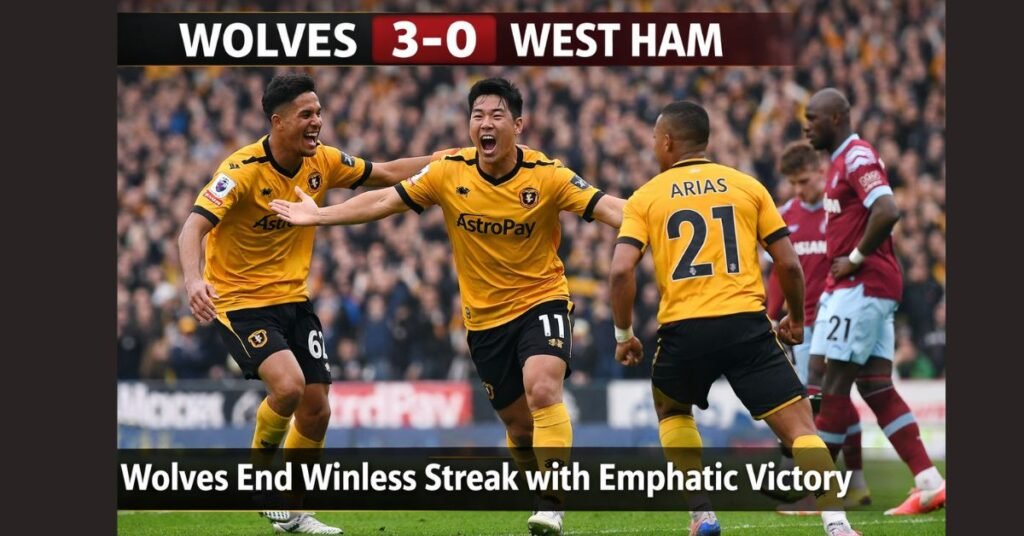 Wolverhampton Wanderers players celebrate a 3–0 Premier League victory over West Ham United at Molineux Stadium, marking their first league win of the season.