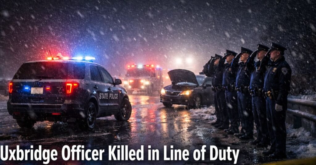 Nighttime scene on icy Route 146 near Uxbridge, Massachusetts, showing Massachusetts State Police cruisers with flashing lights, a disabled sedan, and officers standing in a solemn salute during winter conditions.