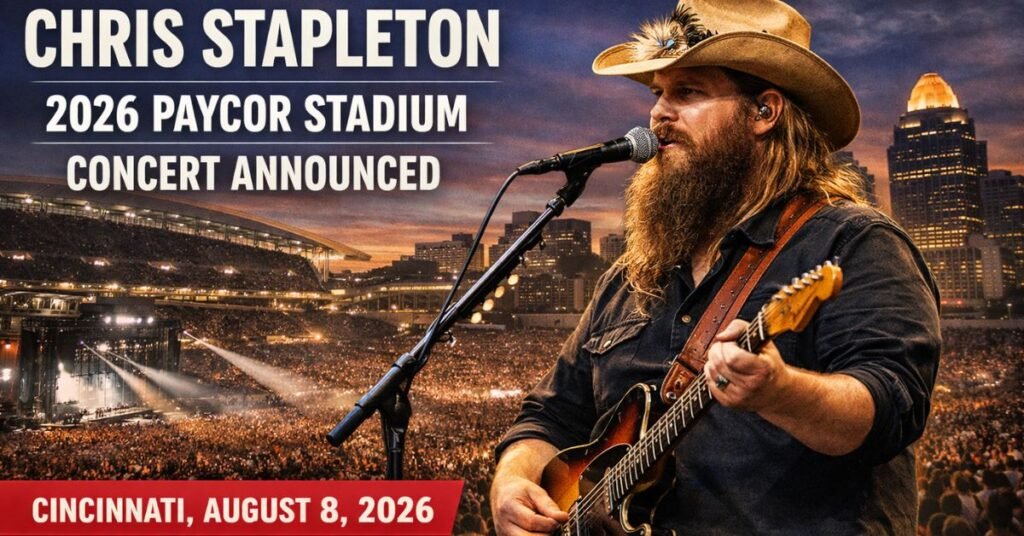 Chris Stapleton performs on stage with a guitar at Paycor Stadium in Cincinnati during a large outdoor concert ahead of his 2026 tour date.