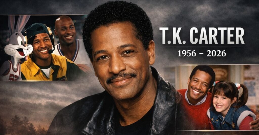 Featured memorial image of actor T.K. Carter, known for Space Jam and Punky Brewster, showing his portrait with scenes from his film and television roles, honoring his life from 1956 to 2026.