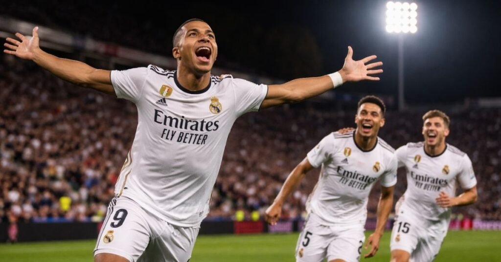 Real Madrid players celebrate a goal during a night Copa del Rey match at Carlos Belmonte stadium, with Kylian Mbappé raising his arms in the foreground and teammates Jude Bellingham and Federico Valverde joining in, floodlights illuminating the pitch and crowd behind.