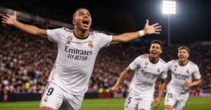 Real Madrid players celebrate a goal during a night Copa del Rey match at Carlos Belmonte stadium, with Kylian Mbappé raising his arms in the foreground and teammates Jude Bellingham and Federico Valverde joining in, floodlights illuminating the pitch and crowd behind.