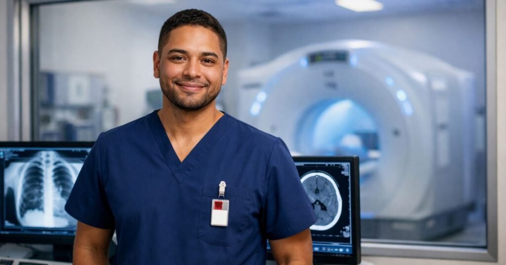 Professional radiologic technologist in navy blue scrubs reviewing X-ray and CT images on dual monitors inside a modern radiology control room with a CT scanner visible in the background.