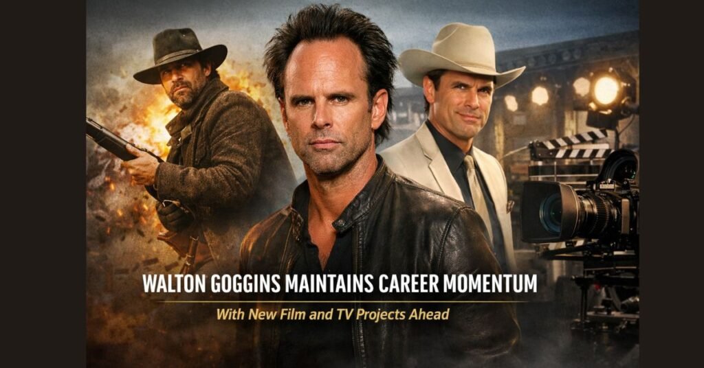Walton Goggins pictured in a cinematic composite image highlighting his film and television career, featured in a news article on his ongoing Hollywood projects.