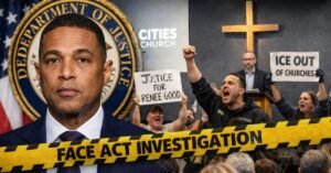 Don Lemon shown alongside protesters disrupting a service at Cities Church in St. Paul, Minnesota, as federal authorities review potential FACE Act violations.