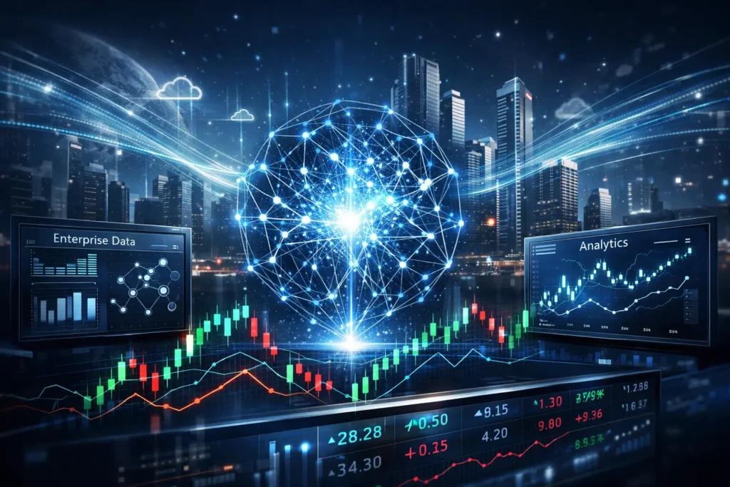 Futuristic enterprise AI visualization with stock market charts and digital data streams representing C3 AI stock and artificial intelligence investing