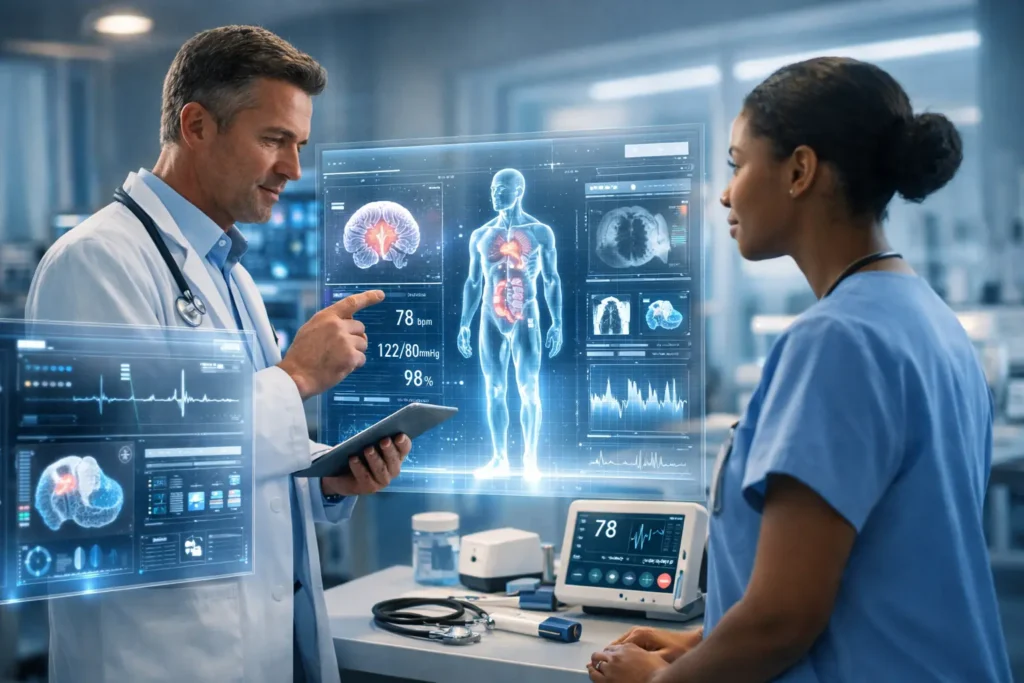 Medic technology in a modern hospital with doctors using AI-powered holographic dashboards and digital healthcare systems