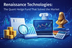 Illustration representing Renaissance Technologies with financial charts, data analysis tools, and classical Renaissance imagery symbolizing quantitative hedge fund strategies.