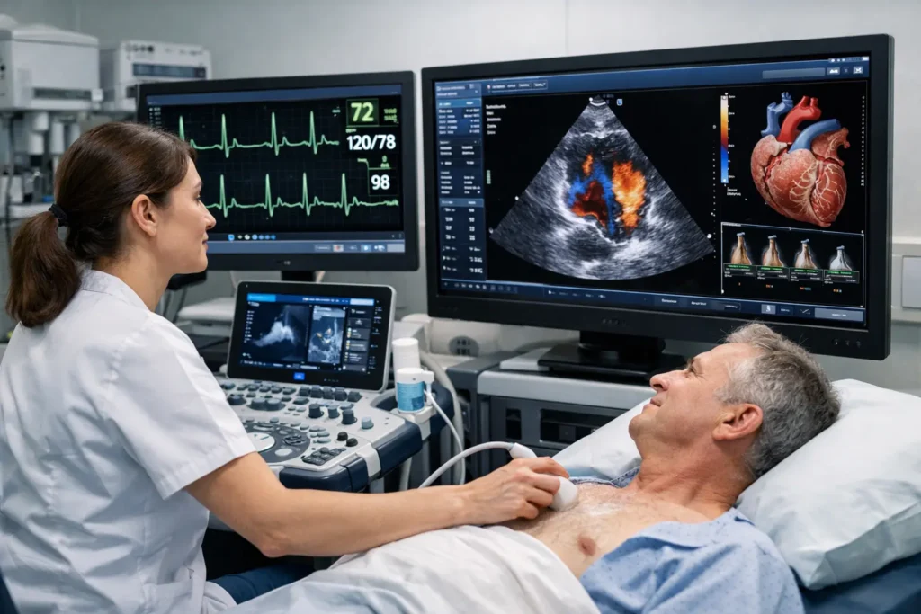 A cardiovascular technologist performing a heart scan in a hospital lab, illustrating a career in cardiovascular technology.