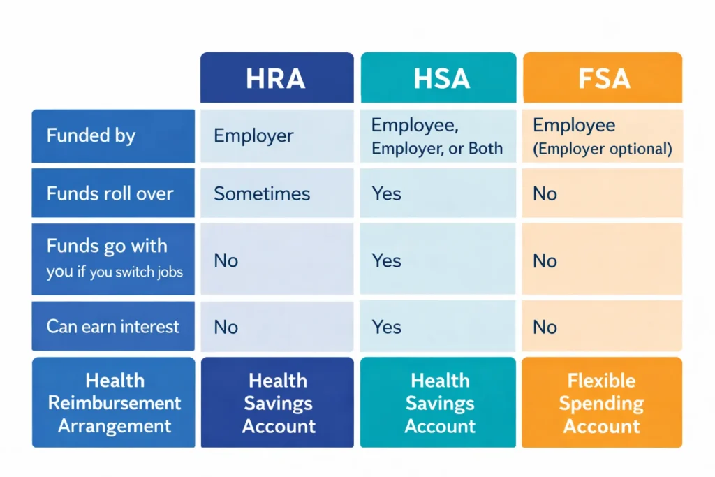A comparison of the key differences between Health Reimbursement Arrangements and other health accounts.
