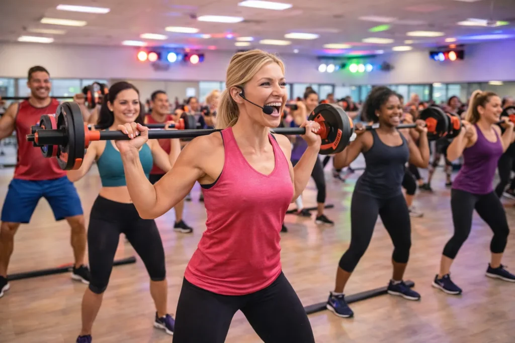 Members participating in a dynamic group fitness class at Genesis Health Club.