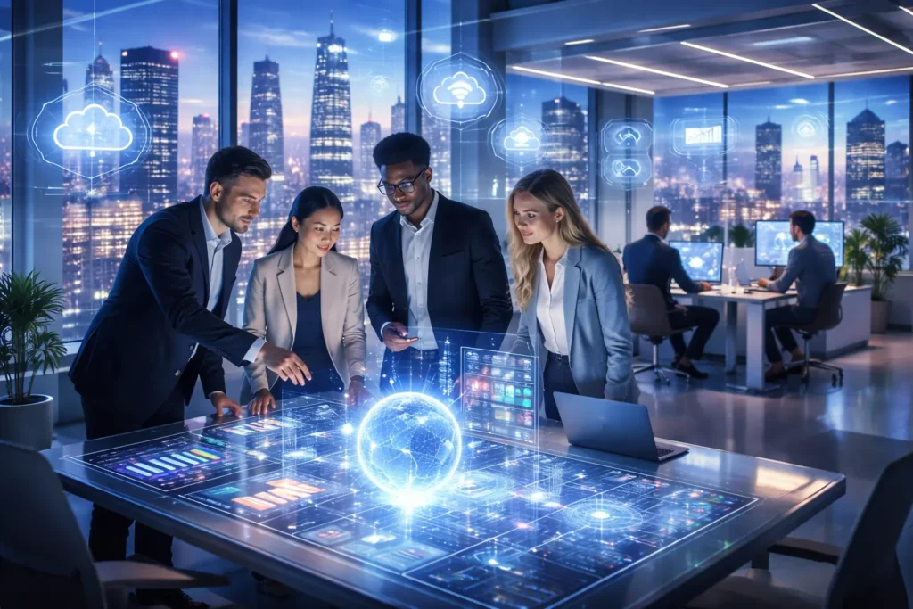 Modern digital workspace and global network visuals representing top companies in the technology field in 2026.